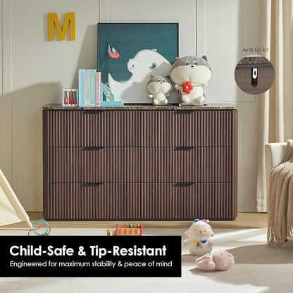 Fluted 6 Drawer Dresser for Bedroom, 54.5" Wide Modern Chest of Drawers with Faux Marble Top, Curved Corners, Wooden Dresser TV Stand with Organizer Storage for Living Room, Dark Oak