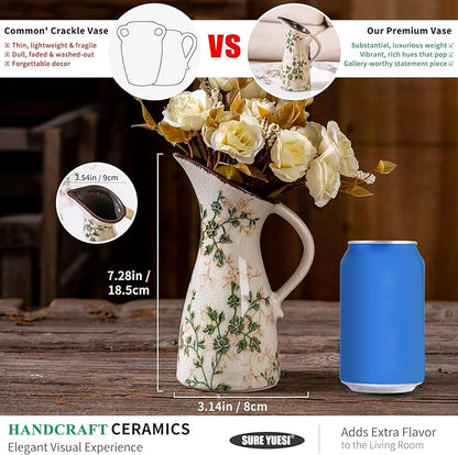 Green and Beige Pitcher Vase, Handcrafted Pastoral Ceramic Floral Vase, Vintage Farmhouse Flower Vase for Home Decor, Chinoiserie Tuscan Cottage Core Decor, Rustic Table Centerpiece 7.3 in