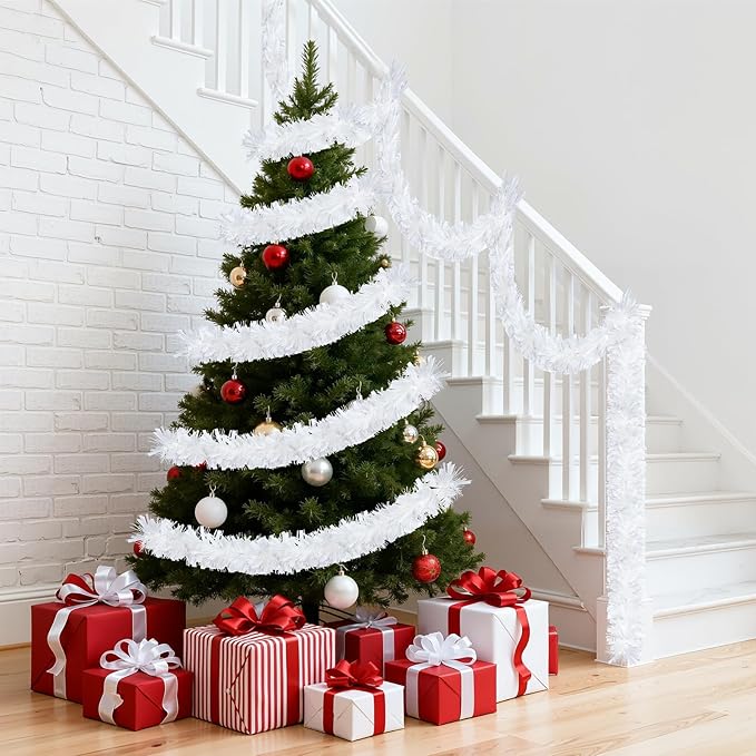 50FT White Christmas Tinsel Garland, Metallic Tinsel Glitter Twist Garlands Hanging Streamers, Xmas Tree Garland Decorations