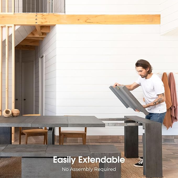 Transformer Expandable Dining Table Set – Solid Wood Table for 4 to 12 with 2 Extendable Benches, Space-Saving Adjustable Dining Room Furniture (Dark Grey, Table + 2 Benches)