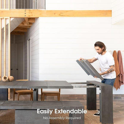 Transformer Table Expandable Dining Table for 2 to 12, Solid Wood Extendable Kitchen Table, Space-Saving Furniture, Small to Large Adjustable Dinner Table with Bench (Dark Grey, Table + Bench)