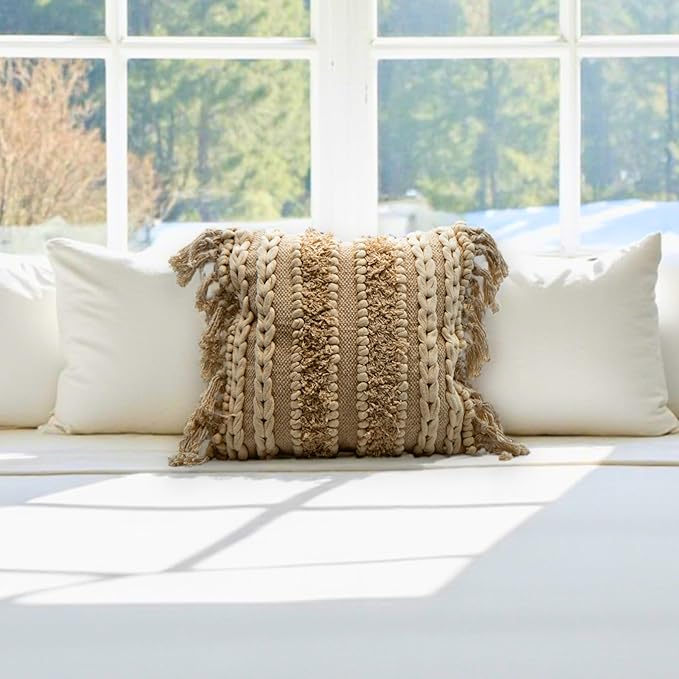 Decorative Boho-Chic Square Pillow Cover 18x18 Handwoven Tufted Braided Cotton Accent Pillows, Neutral Throw Cushion for Couch, or Bed, Farmhouse & Bohemian Home Decor, Trendy USA Design