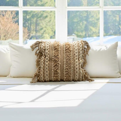 Decorative Boho-Chic Square Pillow Cover 18x18 Handwoven Tufted Braided Cotton Accent Pillows, Neutral Throw Cushion for Couch, or Bed, Farmhouse & Bohemian Home Decor, Trendy USA Design