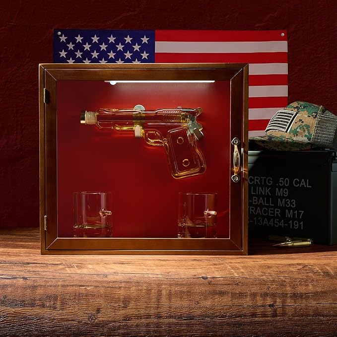 Pistol & Bullet Shot Glasses Hanging Wall Display Case With Light - 7.7 Pistol Gun Decanter & 10oz Glassware - Military Gifts, Veteran Gifts, Law Enforcement Gifts Home Bar Gifts, Drinking Accessories