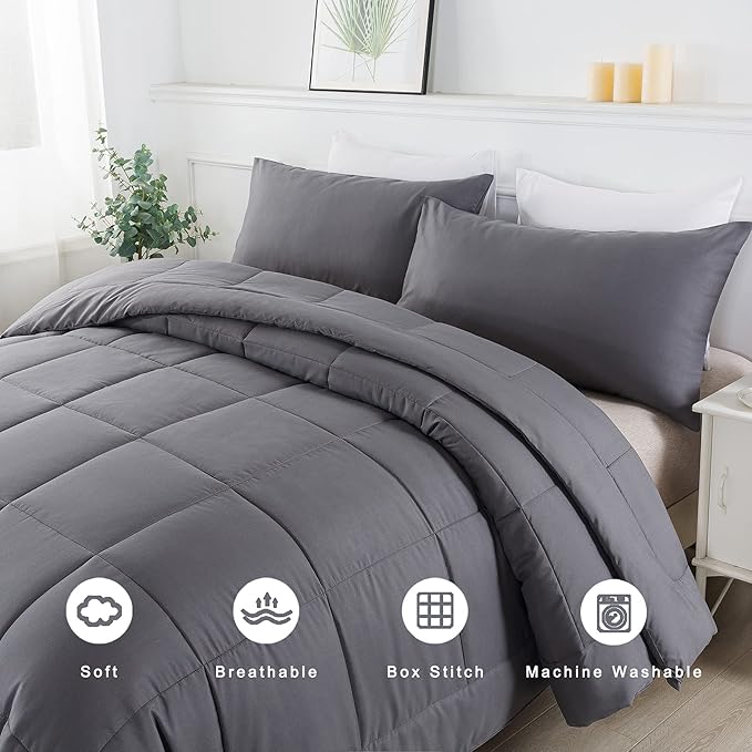 DOWNCOOL Full Size Comforter Sets -All Season Bedding Comforters Sets with 2 Pillow Cases -3 Pieces Bed Set Down Alternative Comforter Set -Grey Bedding Sets Full(82"x86")