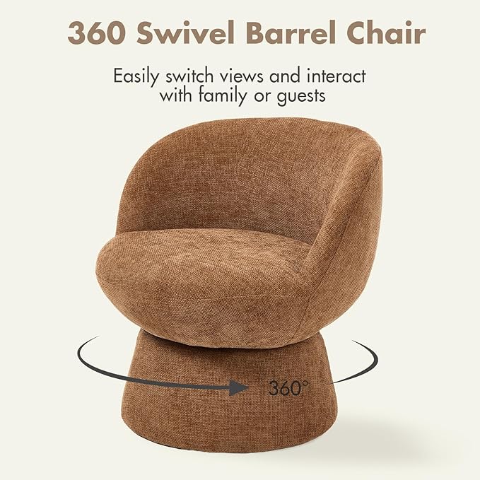 360° Swivel Accent Chair with Curved Back, Modern Brown Chenille Upholstered Round Barrel Chair, Bucket Armchair for Small Space,Living Room, Bedroom