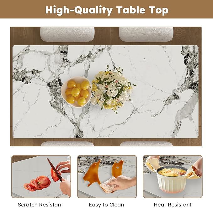 Montary 63" Modern 4-6 Person Dining Table with Storage Cabinet, Artificial Marble Dining Table with Sintered Stone Tabletop & Golden Solid Wood Base, Includes 4 White Velvet Chairs for Kitchen