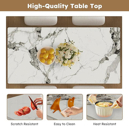 Montary 63" Modern 4-6 Person Dining Table with Storage Cabinet, Artificial Marble Dining Table with Sintered Stone Tabletop & Golden Solid Wood Base, Includes 4 White Velvet Chairs for Kitchen