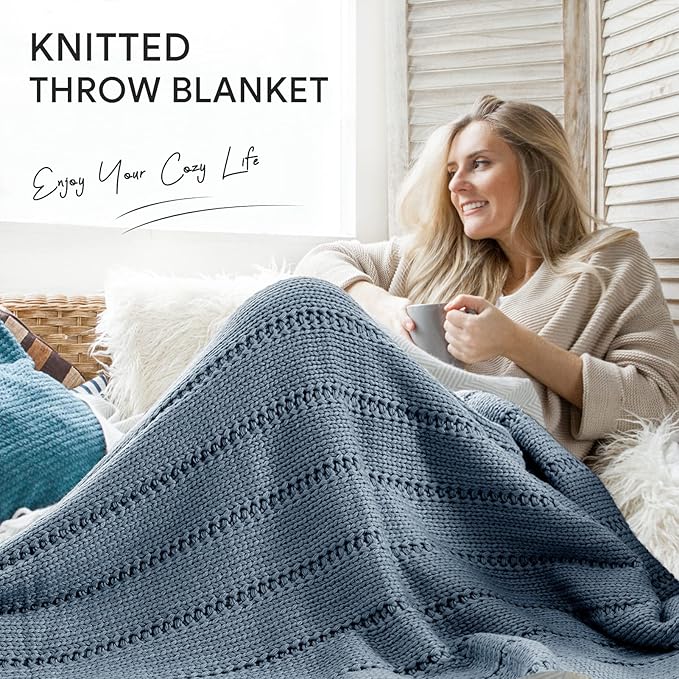 RECYCO Cable Knit Dusty Blue Throw Blanket Twin Size, Super Soft Warm Cozy Decorative Knitted Throw Blanket 3.6LB for Large 60"x80"