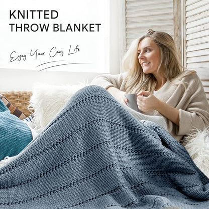 RECYCO Cable Knit Dusty Blue Throw Blanket Twin Size, Super Soft Warm Cozy Decorative Knitted Throw Blanket 3.6LB for Large 60"x80"