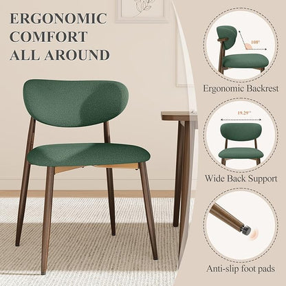 Dining Chairs Set of 6, Upholstered Dining Room Chairs with Metal Legs and Anti Slip Pads, Curved Back Wood Kitchen Chair for Home and Restaurant Use, Green