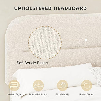 Full Size Boucle Bed Frame, Upholstered Full with Headboard, Soft BedFrame with Thickened Footboard, Soft Rounded Corners, No Box Spring Required, Easy Assembly, Cream
