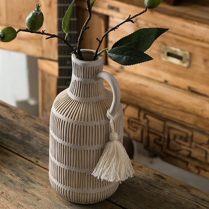 Farmhouse Vase with Handle and Tassel, Grey Yellow Vertical Stripes Design Clay Vase 10'' Tall - Ceramic Flower Vase for Rustic Home Decor, for Fireplace Kitchen Living Room Centerpieces