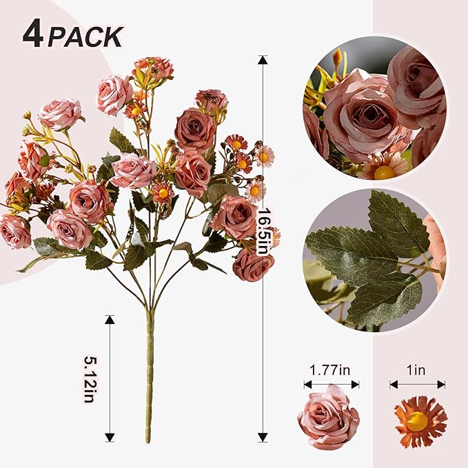 Artificial Flowers for Outdoor 4 Bundles Rose Bouquet with Daisy Faux Flowers UV Resistant for Home Indoor Outside Garden Porch Window Box Balcony Yard Porch Decor (Brown)