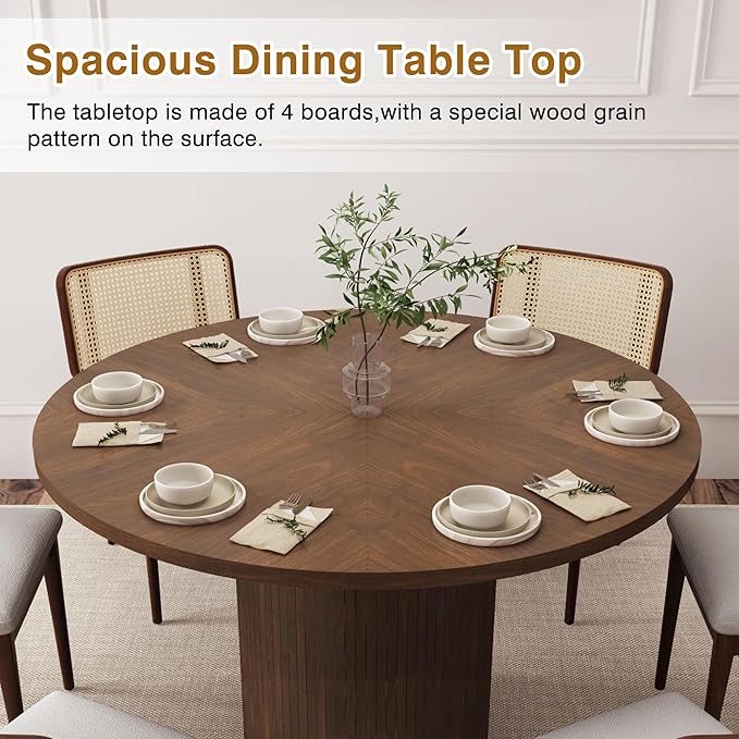 Round Dining Table for 4, Modern Farmhouse Kitchen Table, 47 Inch Small Circle Dining Tables with Wood Strip Base for Kitchen Living Room (Walnut)