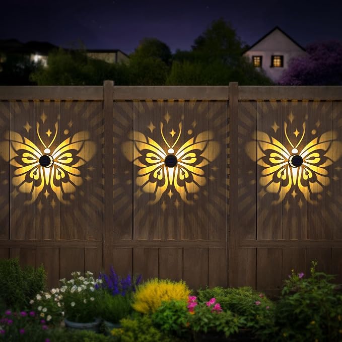 Solar Fence Lights 4 Pack Solar Deck Lamps Outdoor Decorations Powered Step Lights Wall Waterproof LED Warm Decorative Lighting for Garden (Butterfly-Star, 4)