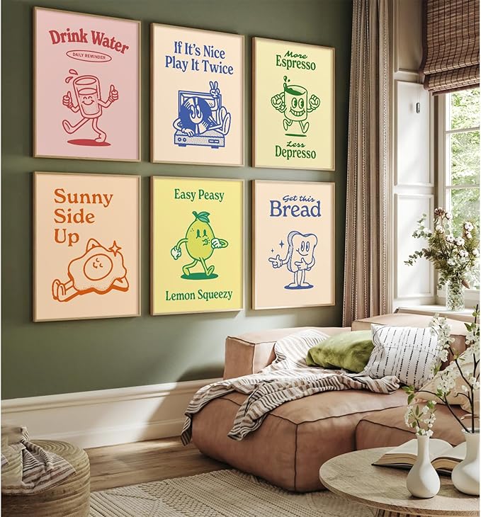 Retro Trendy Wall Art Decor Kitchen Aesthetic Canvas Wall Art Vintage Cute Pictures Funny Green Posters Retro Pink Prints Vintage Gallery Painting Funky Artwork for Room 8x10 Inch Unframed Set of 6