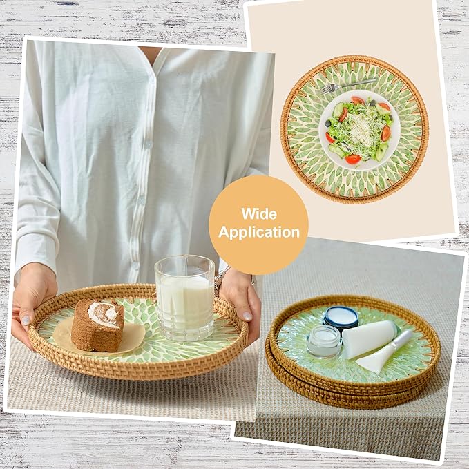 Round 12" Rattan Serving Tray with Mother of Pearl Inlay, Decorative Wicker Tray with Wooden Base for Bread, Fruit, Food Display and Storage (Leaf)
