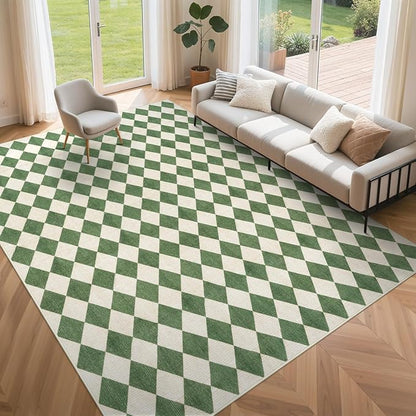 LIVEBOX Washable 8x10 Diamond Rugs for Living Room, Non-Slip Checkered Rug Soft Modern Neutral Geometric Plaid Area Rug for Bedroom, Large Farmhouse Carpet for Office Kids Room Classroom Dorm, Green
