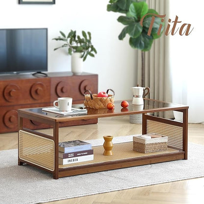 Tiita Coffee Tables for Living Room，Mid Century Modern Storage 2-Tier Coffee Tables，Rattan Glass RectangleTables，Suitable for Living Room Apartment, Large, Brown