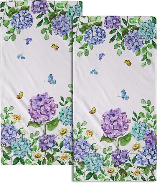 Hydrangea Daisy Kitchen Towels Set of 2 Blue Purple Floral Butterfly Absorbent Hand Tea Dish Towels Green Leaf 16x24 Tabletop Decor
