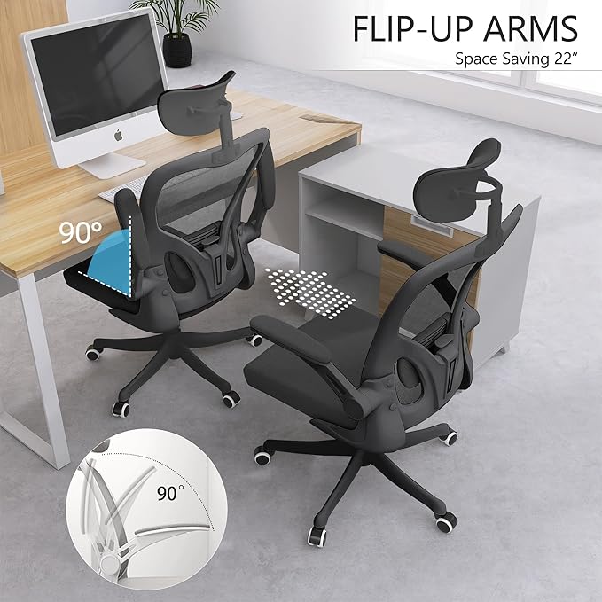 Ergonomic Office Chair, High-Back Mesh Desk Chair with Adjustable Height, Lumbar Support, Flip-Up Armrests,headrest，and Swivel Rolling Design for Home and Office Use