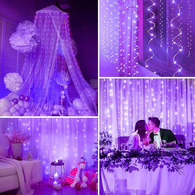 Minetom Curtain Lights, 300 LED Dimmable Fairy Lights with Remote and Timer, 8 Modes, USB Powered String Lights for Room Wall Party Xmas Indoor Decor, Purple