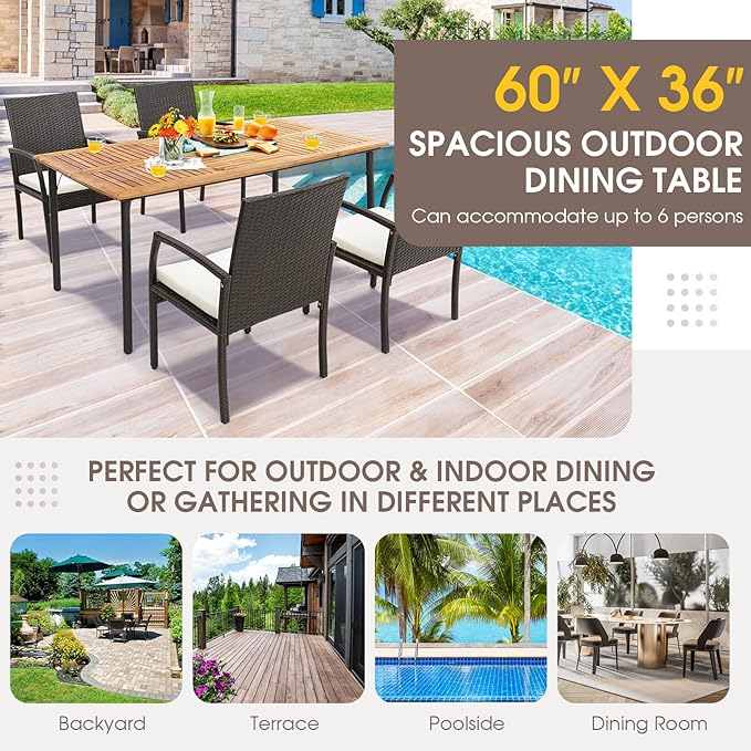 Tangkula Patio Acacia Wood Dining Table for 6 Persons, Large Rectangular Dining Table with Metal Legs, Umbrella Hole, Farmhouse Indoor Outdoor Dining Furniture for Yard Deck Lawn, 63”L x 36”W x 30”H