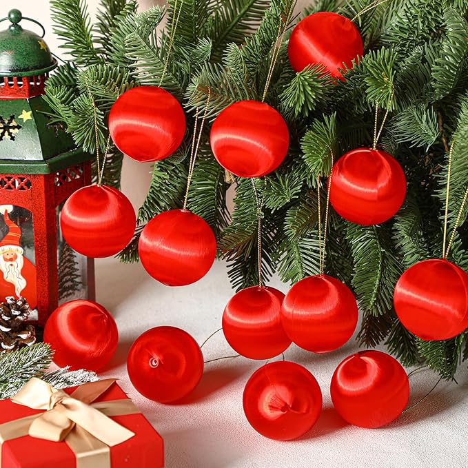 Syhood 24 Pcs Christmas Satin Balls Christmas Silk Ball Ornaments Satin Silk Xmas Tree Hanging for Xmas Tree Decor Holiday Party Decorations (Red,2.2 Inch)