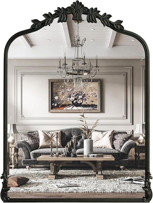 WallBeyond Black Antique Mirror for Vanity 24x32 Inch, Black Vintage Mirror with Ornate Frame, Arched Vintage Wall for Bathroom, Living Room, Fireplace
