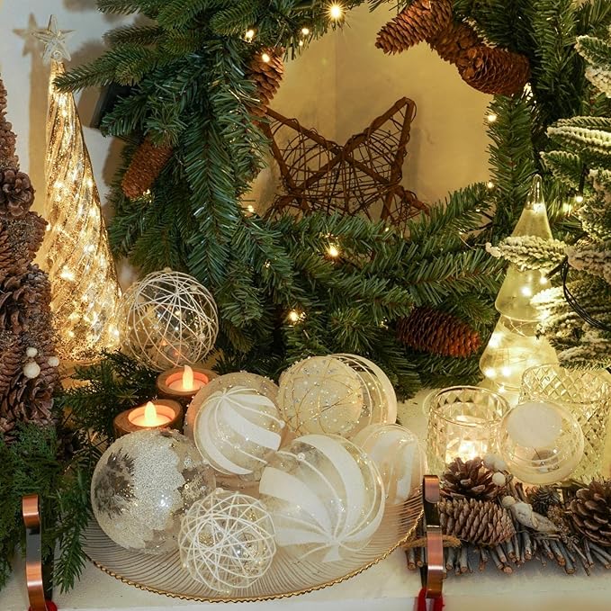 XmasExp Shatterproof Clear Plastic Christmas Ball Ornaments 100mm/3.94" 6pcs Christmas Decorations Decorative Xmas Balls Baubles Set with Stuffed Delicate Decorations (Snow White, 100mm/3.94")