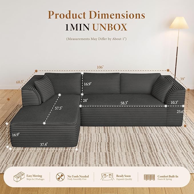 Vesgantti 106" Boneless Couch with Chaise, Deep Seat Comfy Cloud Modular Sofa Corduroy Sectional Couches for Living Room Bedroom, No Assembly Required (Grey, Left-Facing Chaise)