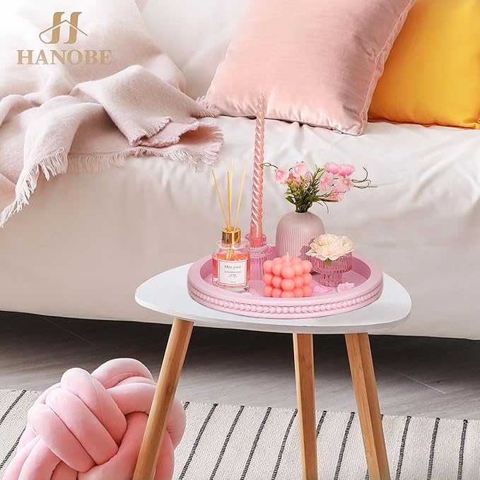 Hanobe Pink Tray Decorative Round: Beaded Perfume Trays Decor Circle Vanity Makeup Serving Tray for Ottoman Bathroom Counter