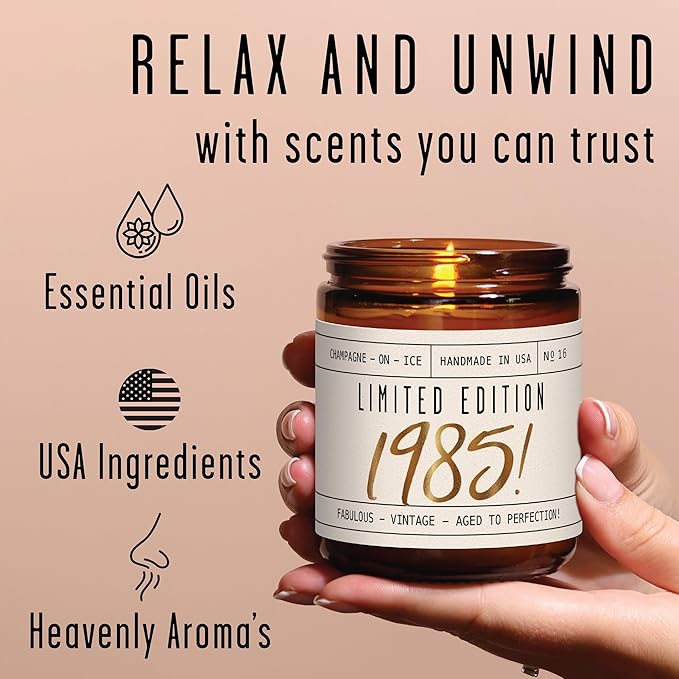 40th Birthday Gifts for Women Unique - 'Limited Edition 1985' Soy, w/Champagne on Ice I 40 Year Old Birthday Gifts for Women I 9oz Reusable Jar, 50Hr Burn, Made in USA
