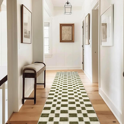 EVERGRACE Checkered Plaid Area Rug 2x10, Soft Fuzzy Faux Wool Rugs Washable Anti Slip Rugs Long Runner Carpet for Entryway Bedroom Living Room Hallway Kitchen Dining Room and Laundry, Olive Green