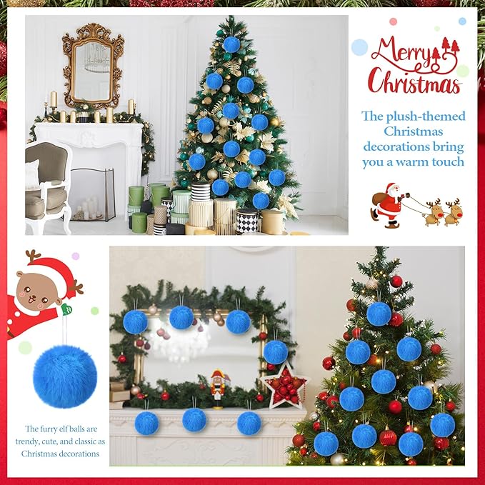 12Pcs Furry Christmas Ball Ornament for Xmas Tree Blue Soft Faux Fur Pom Pom Ball Ornaments Christmas Tree Hanging Decorations for Winter Party Home Decor Costume Supplies