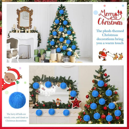 12Pcs Furry Christmas Ball Ornament for Xmas Tree Blue Soft Faux Fur Pom Pom Ball Ornaments Christmas Tree Hanging Decorations for Winter Party Home Decor Costume Supplies