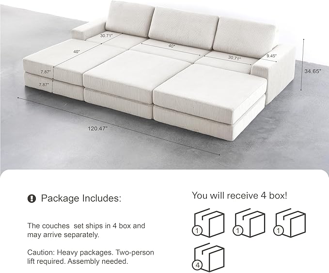 120.47‘’ Boneless Couch Cloud Modular Sectional Couches for Living Room, Oversize L-Shape Sofa with Deep Seat, Plush Corduroy 3-Seater with 3-Ottoman, No Assembly Required