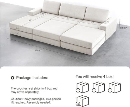 120.47‘’ Boneless Couch Cloud Modular Sectional Couches for Living Room, Oversize L-Shape Sofa with Deep Seat, Plush Corduroy 3-Seater with 3-Ottoman, No Assembly Required