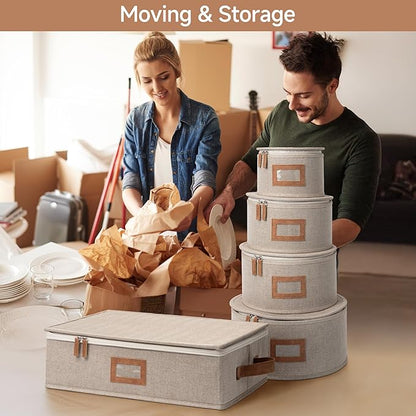 StorageWorks China Storage Containers, Hard Shell Storage Boxes for Plates, Mugs, Stemware Storage Cases, Holds up to 12 Place Settings, Foldable and Stackable Organizers, 5 Pack, Brown and Beige