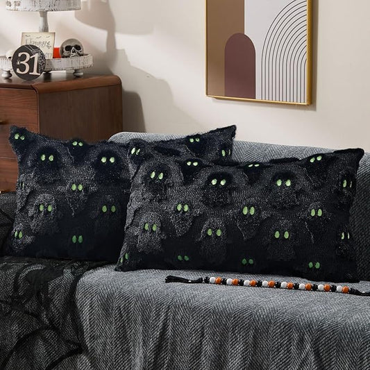 DFXSZ Halloween Pillow Covers 12x20 inch Set of 2 Black Ghost Throw Pillow Cases Soft Plush Faux Fur Wool Cushion Case for Chair Bedroom Living Room Home Decor PTK03F12