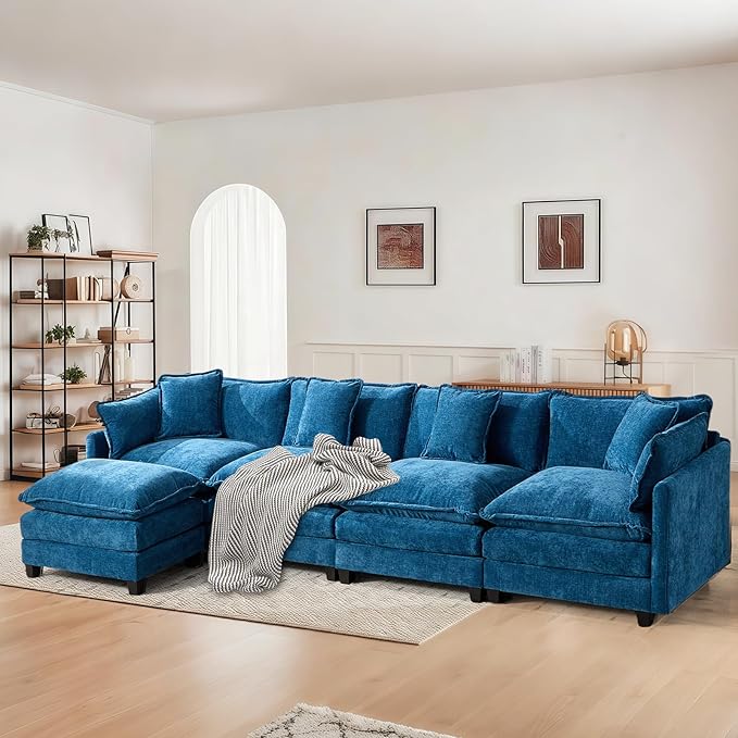 SoarFlash 143.2" Chenille Sectional Sofa, Comfy L Shaped Modular Coush Sofa with Ottoman, Modern 4 Seat Couch Deep Seat Sofa Set for Living Room,Blue