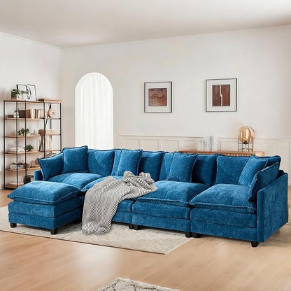 SoarFlash 143.2" Chenille Sectional Sofa, Comfy L Shaped Modular Coush Sofa with Ottoman, Modern 4 Seat Couch Deep Seat Sofa Set for Living Room,Blue