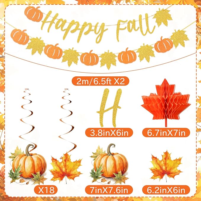 Happy Fall Party Decorations, with Pre-strung Pumpkin Banners and Hanging Swirls, Thanksgiving Hanging Decorations, Autumn Pumpkin Decorations for Home Indoor Fall Thanksgiving Party