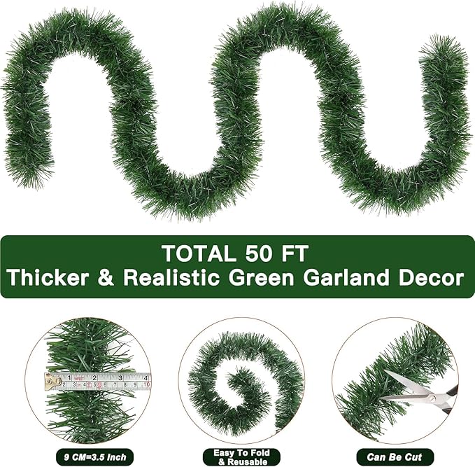 50 Foot Green Christmas Garland Christmas Decorations, Artificial Greenery Pine Garlands Xmas Decor Soft Tinsel Garland Non-Lit for Stairs Mantle Fireplace Home Indoor Outdoor Holiday Party Supplies