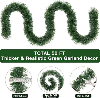 50 Foot Green Christmas Garland Christmas Decorations, Artificial Greenery Pine Garlands Xmas Decor Soft Tinsel Garland Non-Lit for Stairs Mantle Fireplace Home Indoor Outdoor Holiday Party Supplies