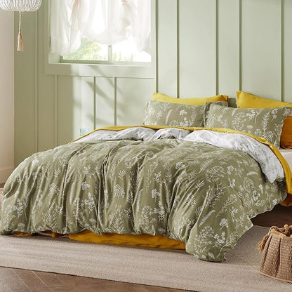 Bedsure Oversized Queen Comforter Set - Olive Green Bed Set, 3 Pieces Cute Floral Bedding, 1 Soft Reversible Botanical Flowers Comforter and 2 Pillow Shams