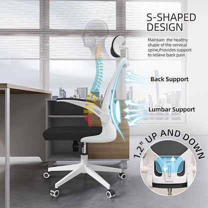 Ergonomic Office Chair, High-Back Mesh Desk Chair with Adjustable Height, Lumbar Support, Flip-Up Armrests,headrest，and Swivel Rolling Design for Home and Office Use