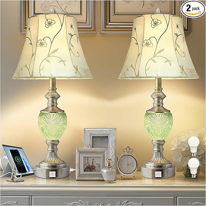 Table Lamp Set of 2 with Nightlight and USB A+C Ports, 27'' High Vintage Table Lamps with Silver Leaf Finish and Embroidered Shade, Nightstand Lamps Decor for Bedroom Living Room Home Office