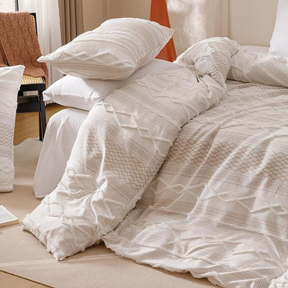 CLOTHKNOW Ivory Boho Full Size Comforter Sets 3Pcs Farmhouse Bedding Comforter Sets Clipped Jacquard Stripes Comforter White Khaki Comforter Soft Bohemian